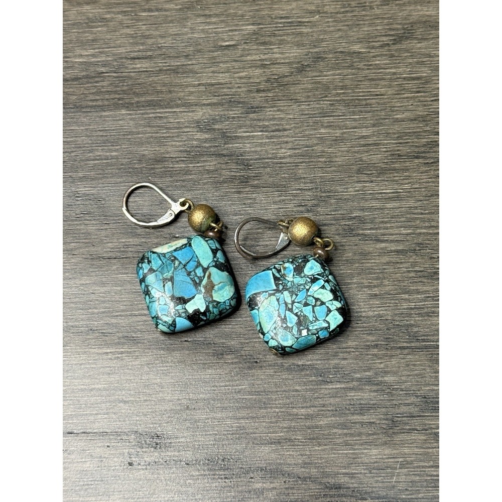 Crushed Turquoise Black Drop Earrings Square Gold Tone Lever Back Vintage
